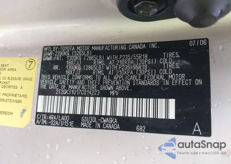 2007 Lexus Rx 350 из США, поврежденный, VIN 2T2GK31U17C014223